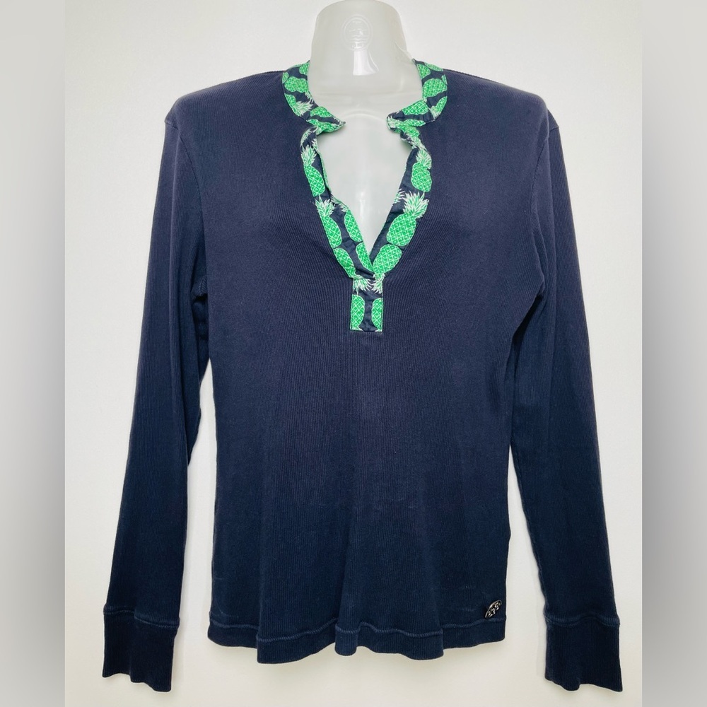 Tory Burch Navy Long Sleeve Top with Green Trim